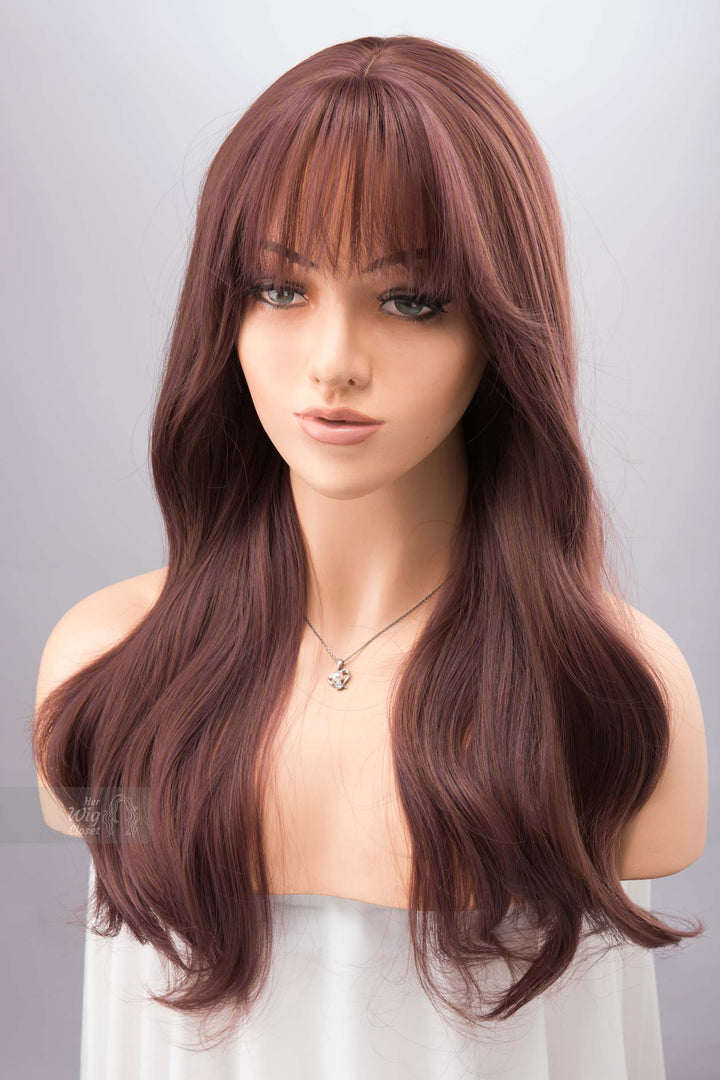Smokey Dusty Rose Pink Wig with Bangs Wine Color Burgundy Hair Samira