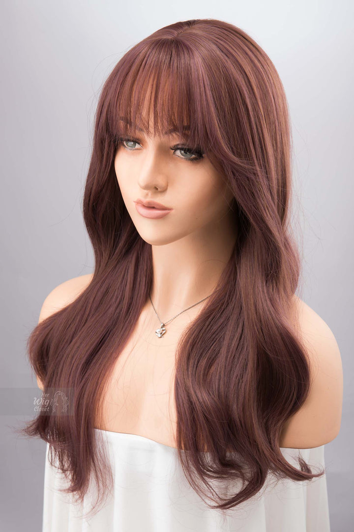 Smokey Dusty Rose Pink Wig with Bangs Wine Color Burgundy Hair Samira