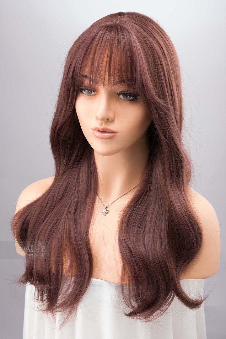 Smokey Dusty Rose Pink Wig with Bangs Wine Color Burgundy Hair Samira
