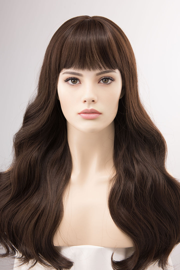 Dark Brown Wig with Bangs Brunette Wavy Long Wig Sana