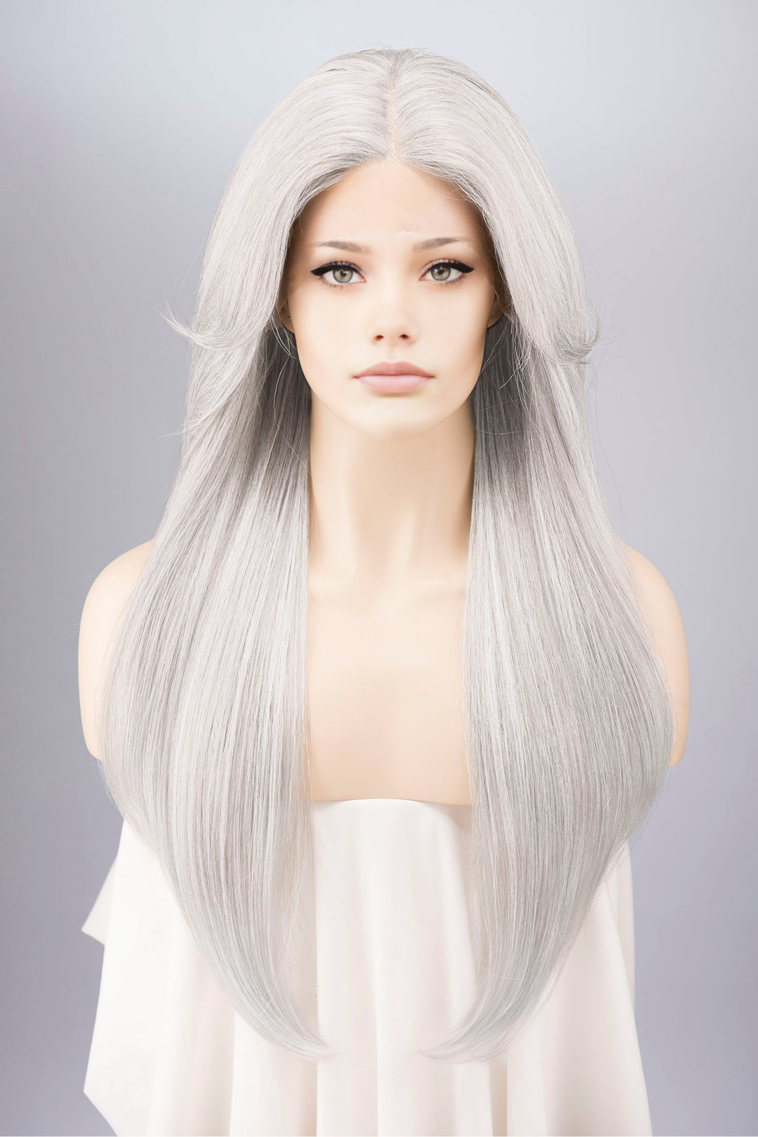 Silver White Straight Lace Front Synthetic Wig with Curtain Bangs Onida Silver