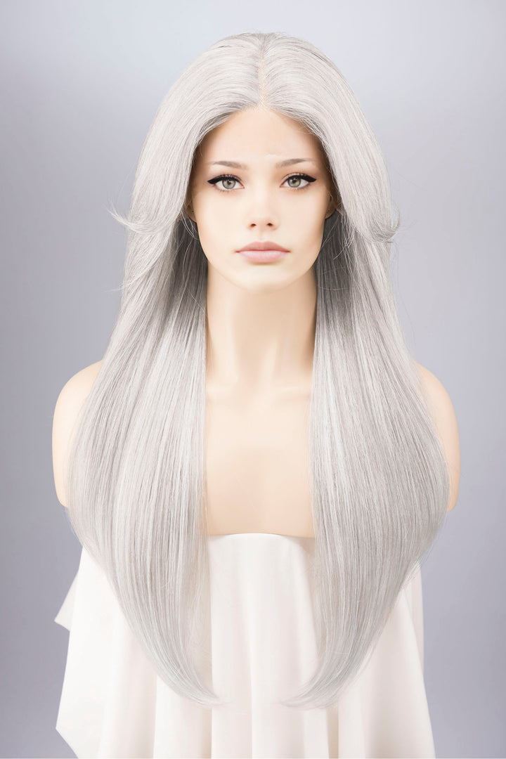 Silver White Straight Lace Front Synthetic Wig with Curtain Bangs Onida Silver