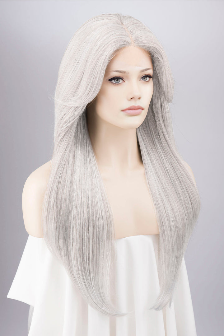 Silver White Straight Lace Front Synthetic Wig with Curtain Bangs Onida Silver