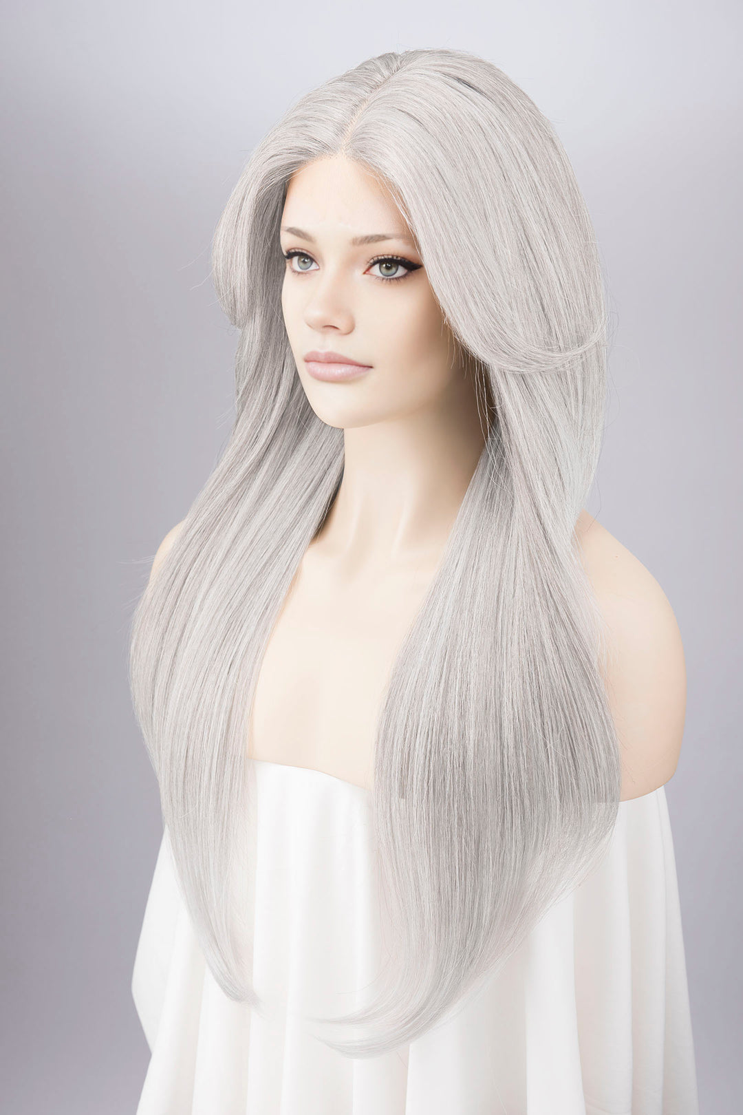 Silver White Straight Lace Front Synthetic Wig with Curtain Bangs Onida Silver