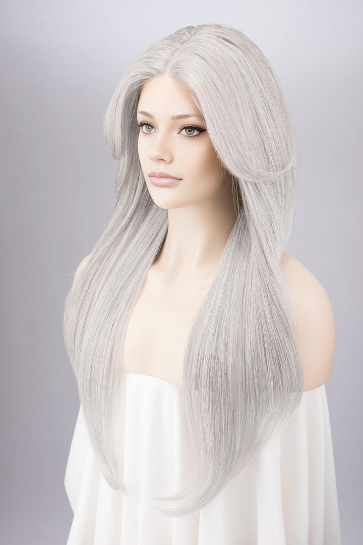 Silver White Straight Lace Front Synthetic Wig with Curtain Bangs Onida Silver