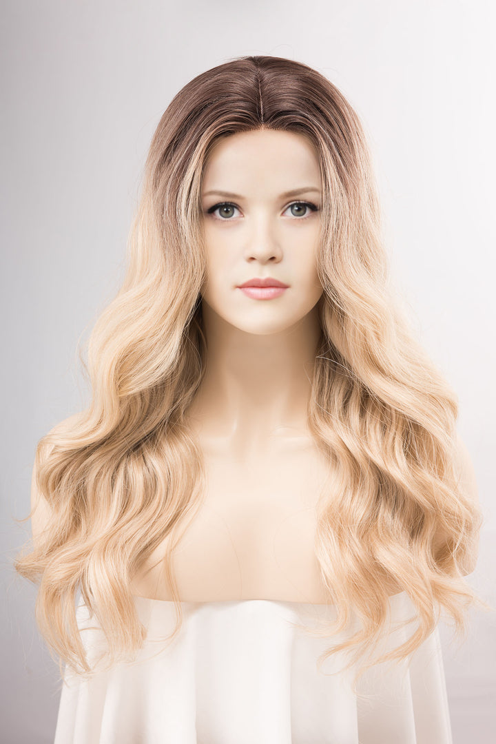 Dark Roots Creamy Blonde Natural Ombre Wavy Lace Front Wig Virginia Elle Look
