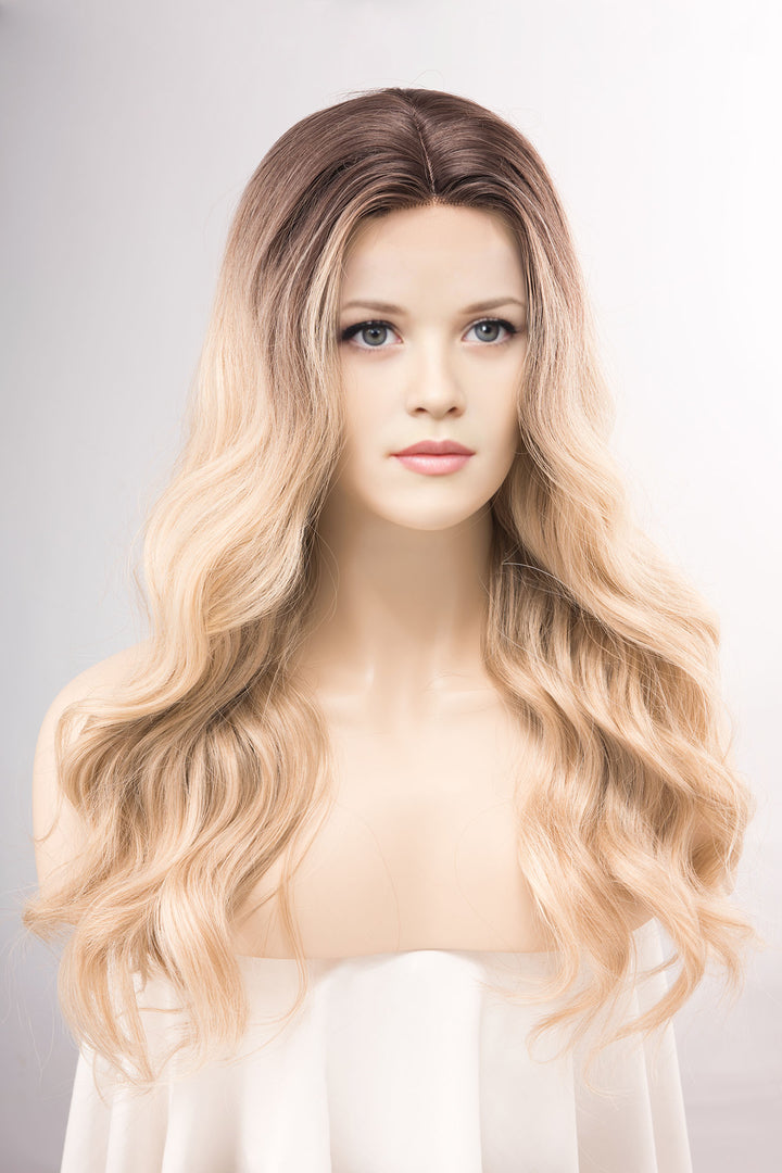 Dark Roots Creamy Blonde Natural Ombre Wavy Lace Front Wig Virginia Elle Look