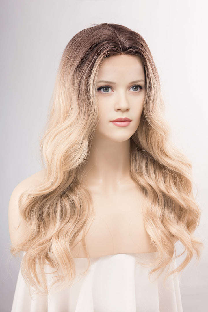 Dark Roots Creamy Blonde Natural Ombre Wavy Lace Front Wig Virginia Elle Look