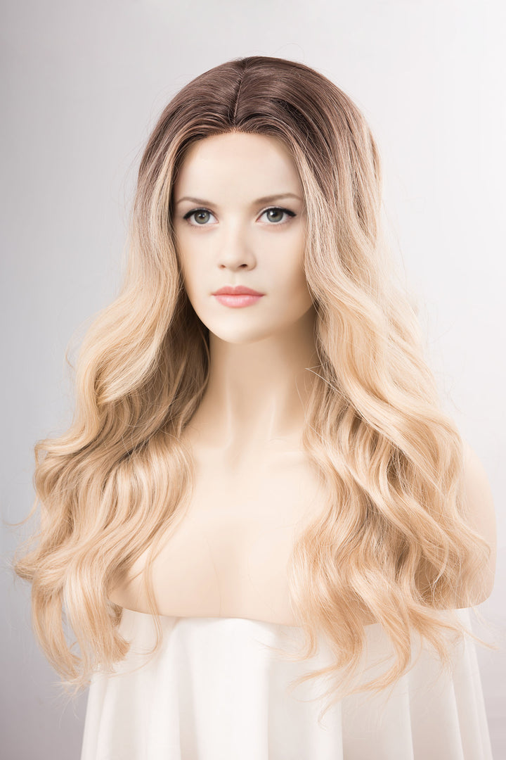 Dark Roots Creamy Blonde Natural Ombre Wavy Lace Front Wig Virginia Elle Look