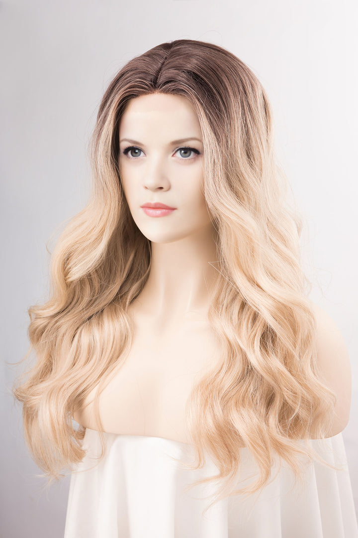 Dark Roots Creamy Blonde Natural Ombre Wavy Lace Front Wig Virginia Elle Look