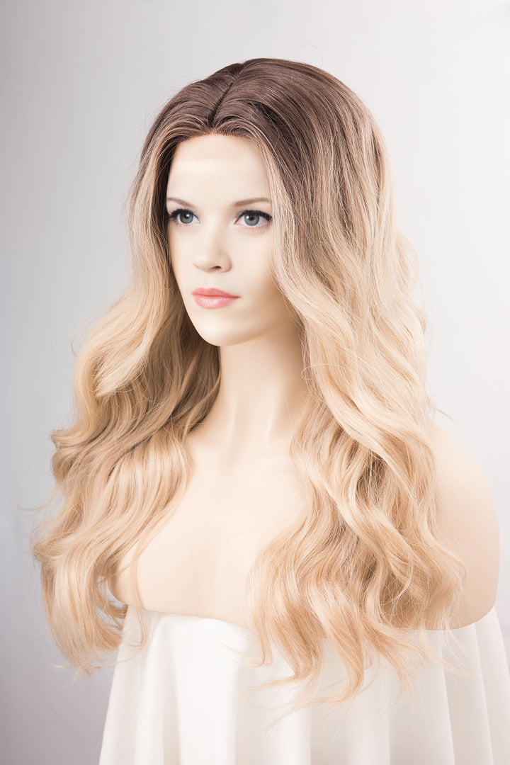 Dark Roots Creamy Blonde Natural Ombre Wavy Lace Front Wig Virginia