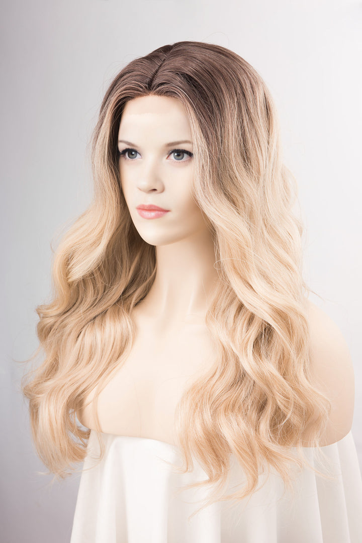 Dark Roots Creamy Blonde Natural Ombre Wavy Lace Front Wig Virginia Elle Look