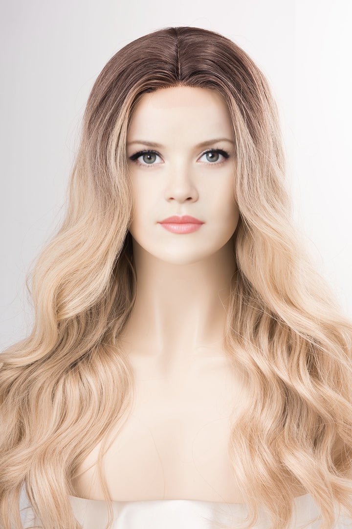 Dark Roots Creamy Blonde Natural Ombre Wavy Lace Front Wig Virginia Elle Look
