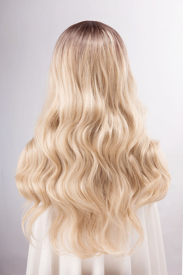 Dark Roots Creamy Blonde Natural Ombre Wavy Lace Front Wig Virginia Elle Look