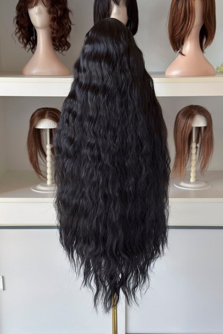 Black Extra Long Wavy Wig with Bangs Raven