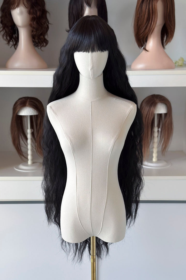 Black Extra Long Wavy Wig with Bangs Raven