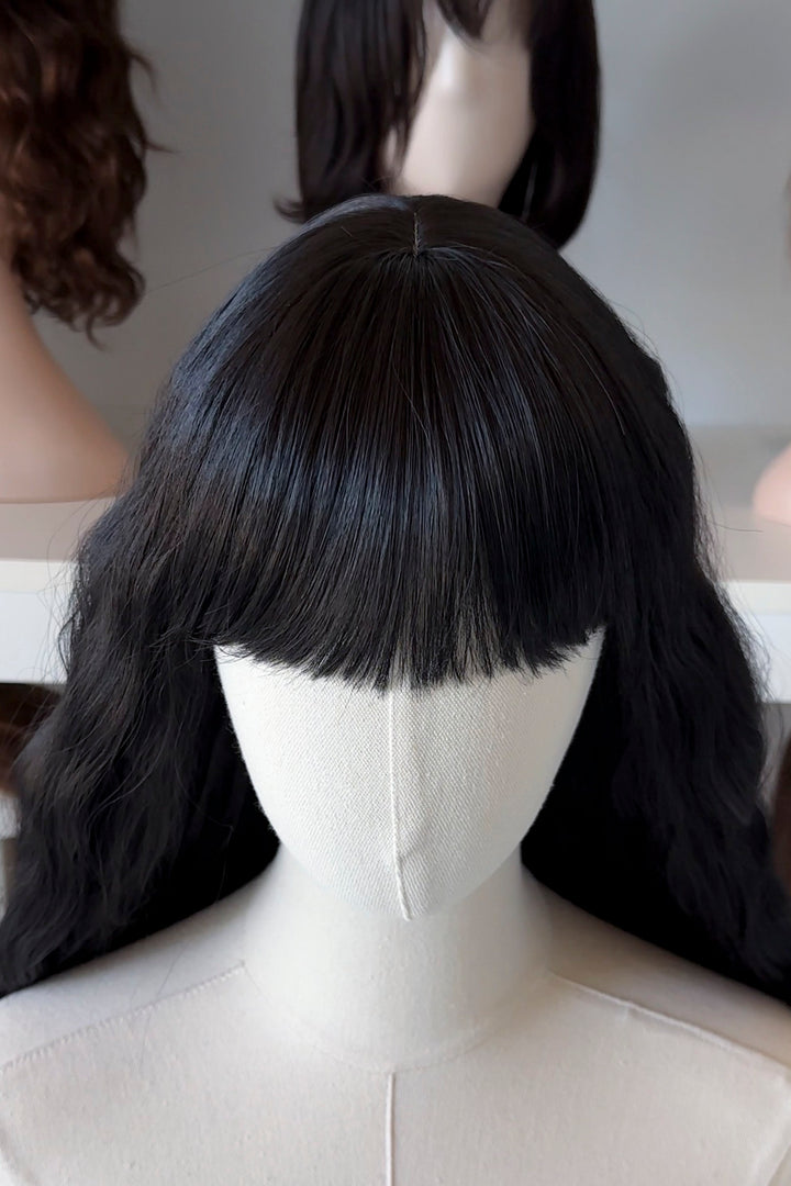 Black Extra Long Wavy Wig with Bangs Raven