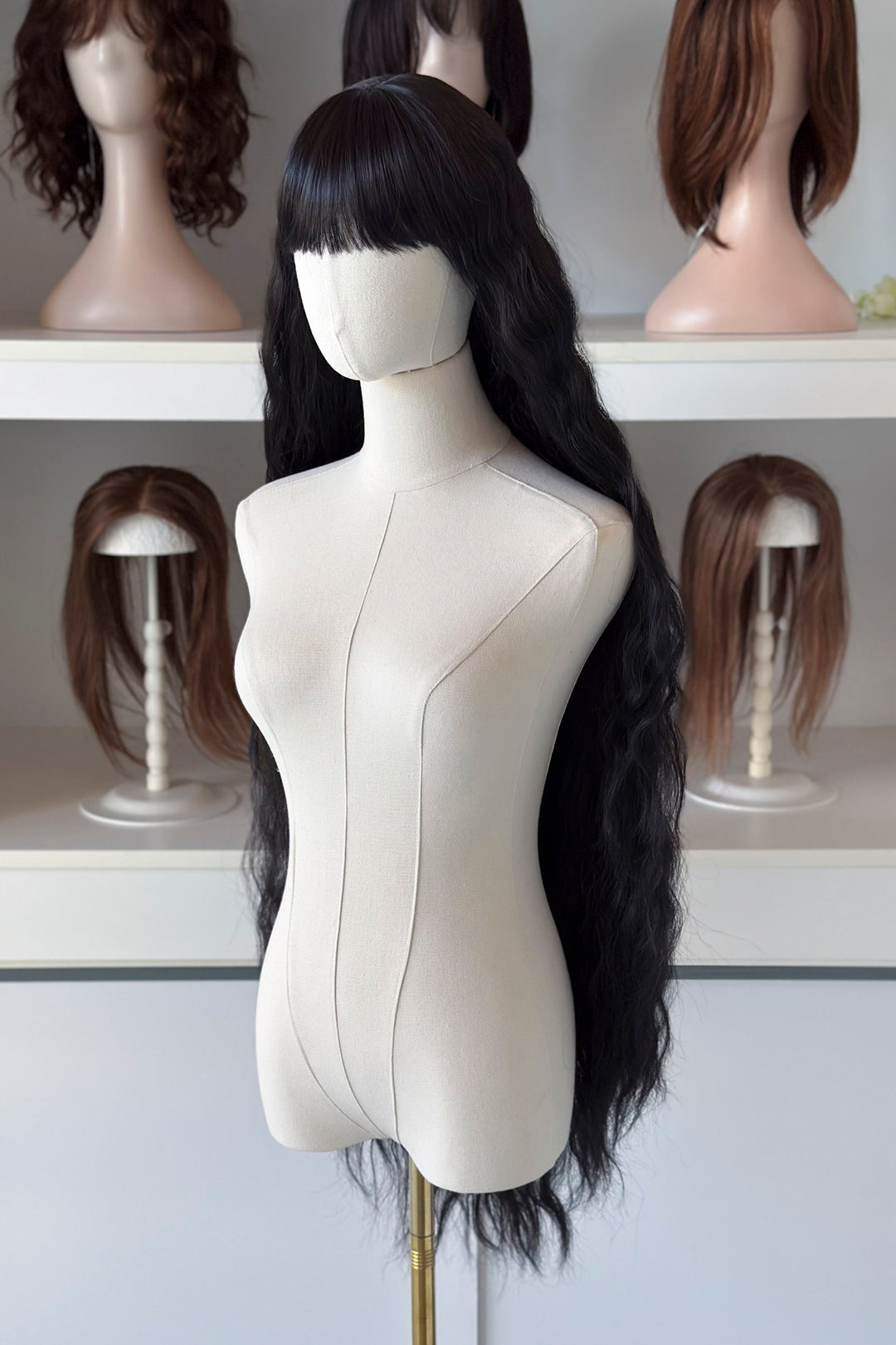 Black Extra Long Wavy Wig with Bangs Raven
