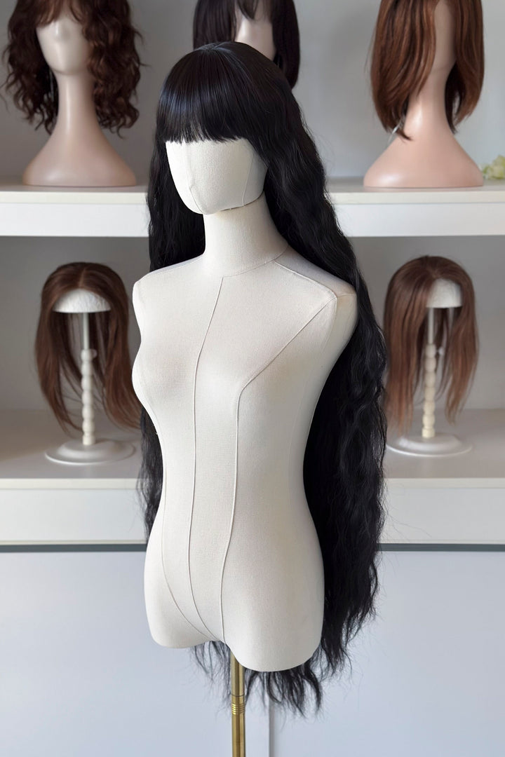 Black Extra Long Wavy Wig with Bangs Raven