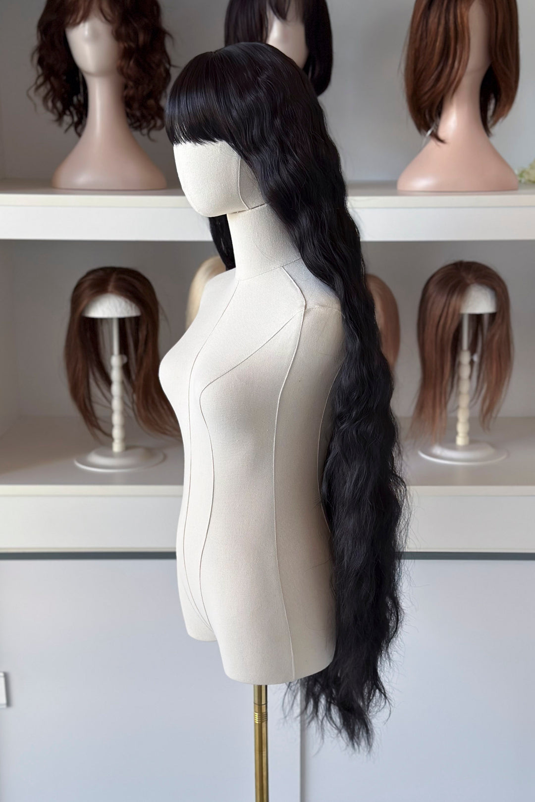 Black Extra Long Wavy Wig with Bangs Raven