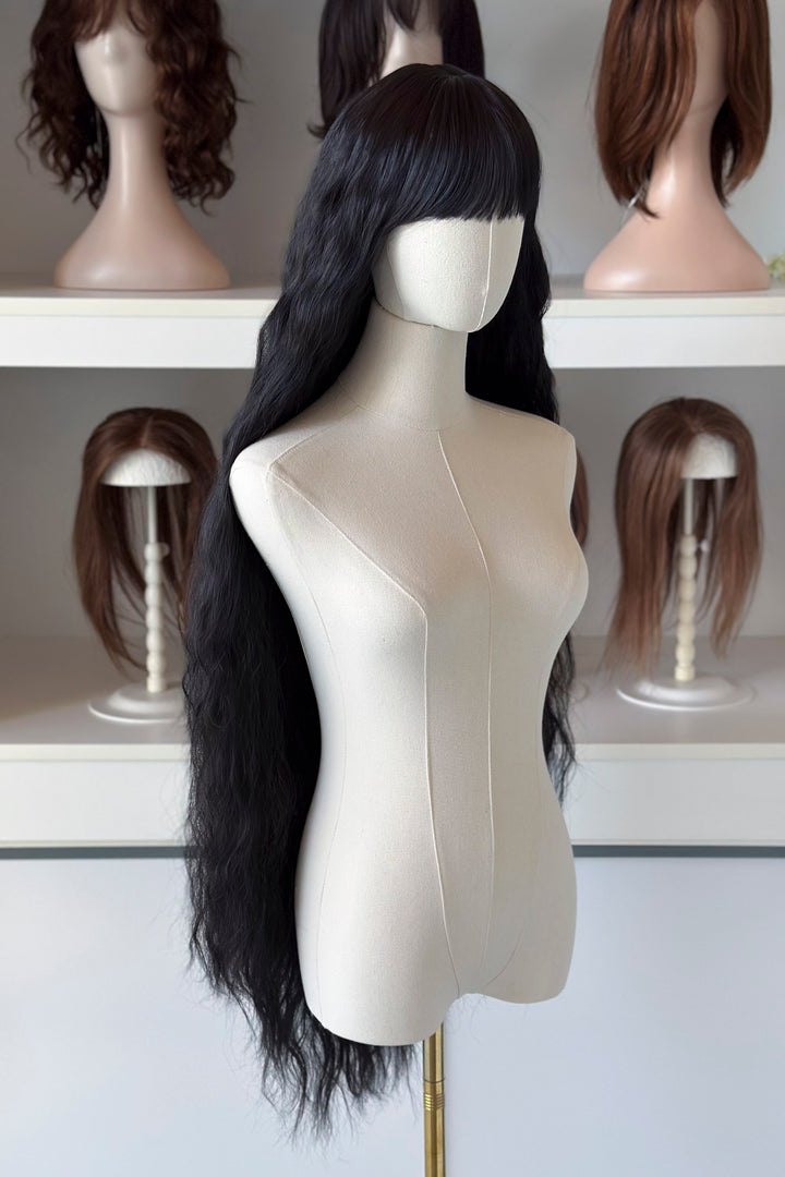 Black Extra Long Wavy Wig with Bangs Raven