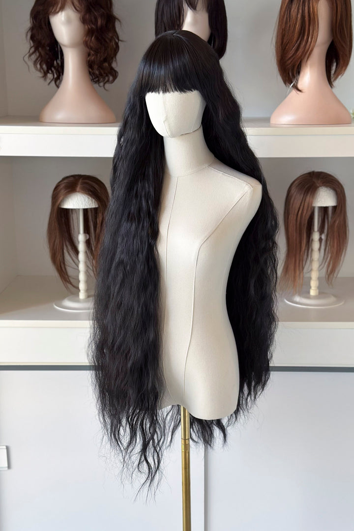 Black Extra Long Wavy Wig with Bangs Raven