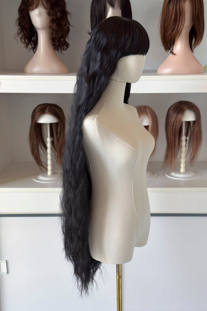 Black Extra Long Wavy Wig with Bangs Raven