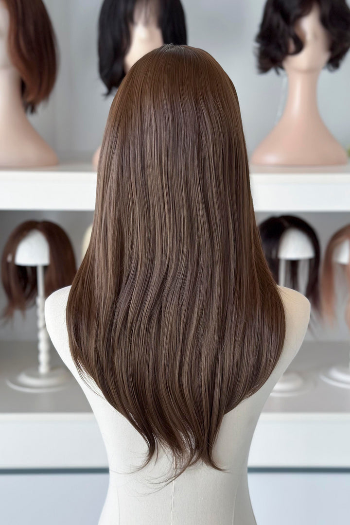 18" straight natural brown lace front wig display in a wig shop.