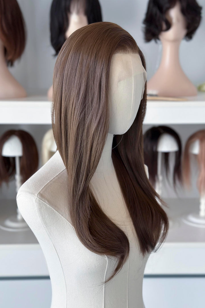 18" straight natural brown lace front wig display in a wig shop.
