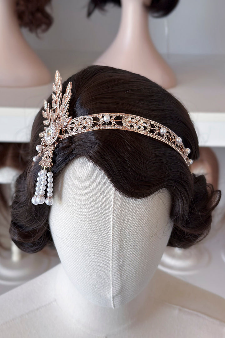 1920s Gatsby Flapper Headband – Rhinestone & Pearl headpiece with Ribbon