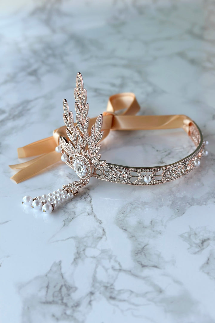1920s Gatsby Flapper Headband – Rhinestone & Pearl headpiece with Ribbon