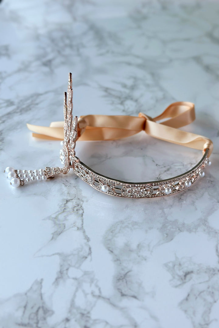 1920s Gatsby Flapper Headband – Rhinestone & Pearl headpiece with Ribbon