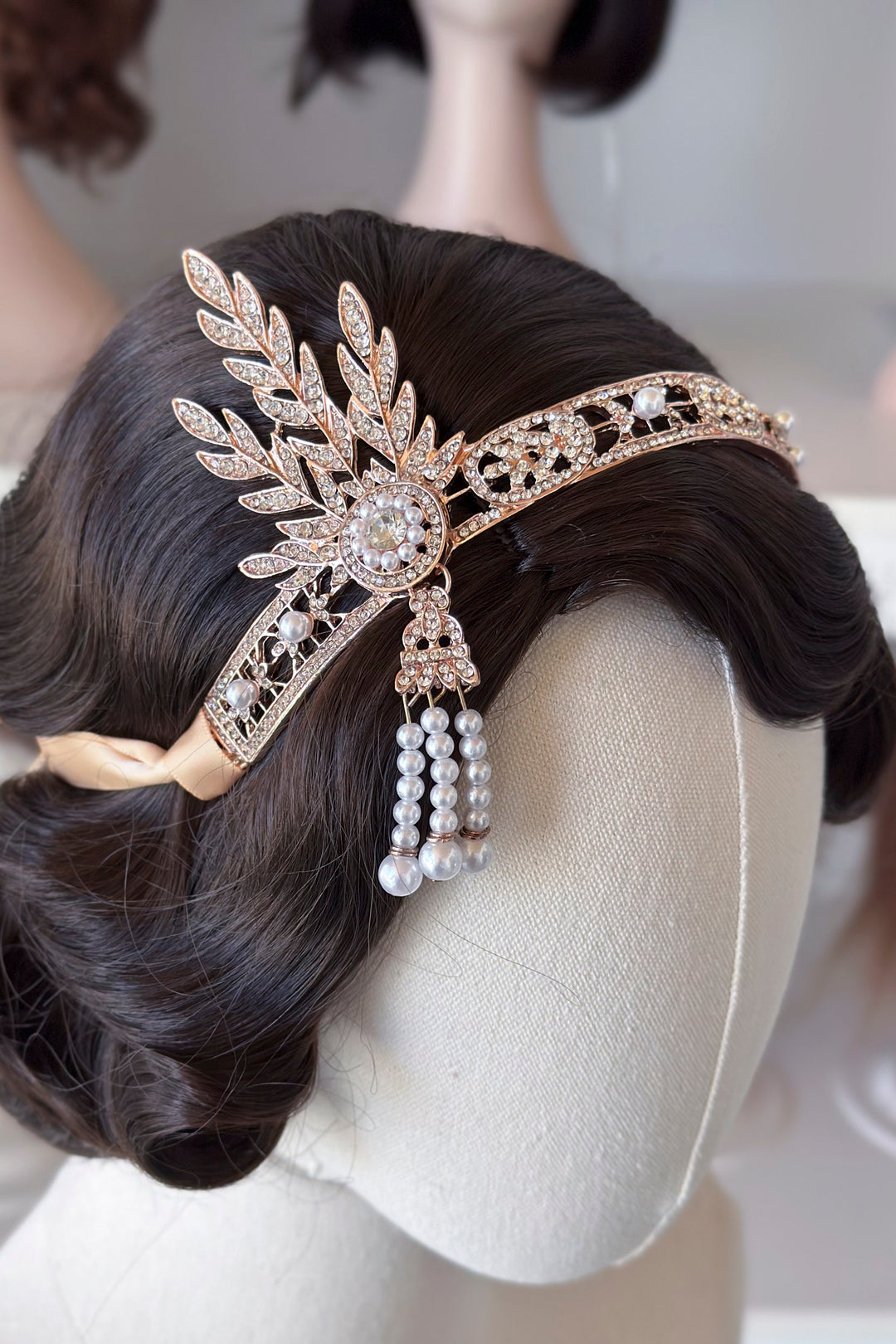 1920s Gatsby Flapper Headband – Rhinestone & Pearl headpiece with Ribbon