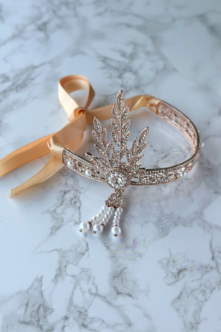 1920s Gatsby Flapper Headband – Rhinestone & Pearl headpiece with Ribbon