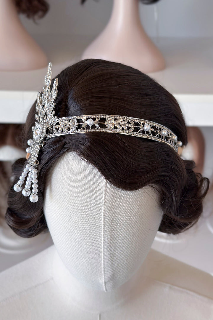 1920s Gatsby Flapper Headband – Rhinestone & Pearl headpiece with Ribbon