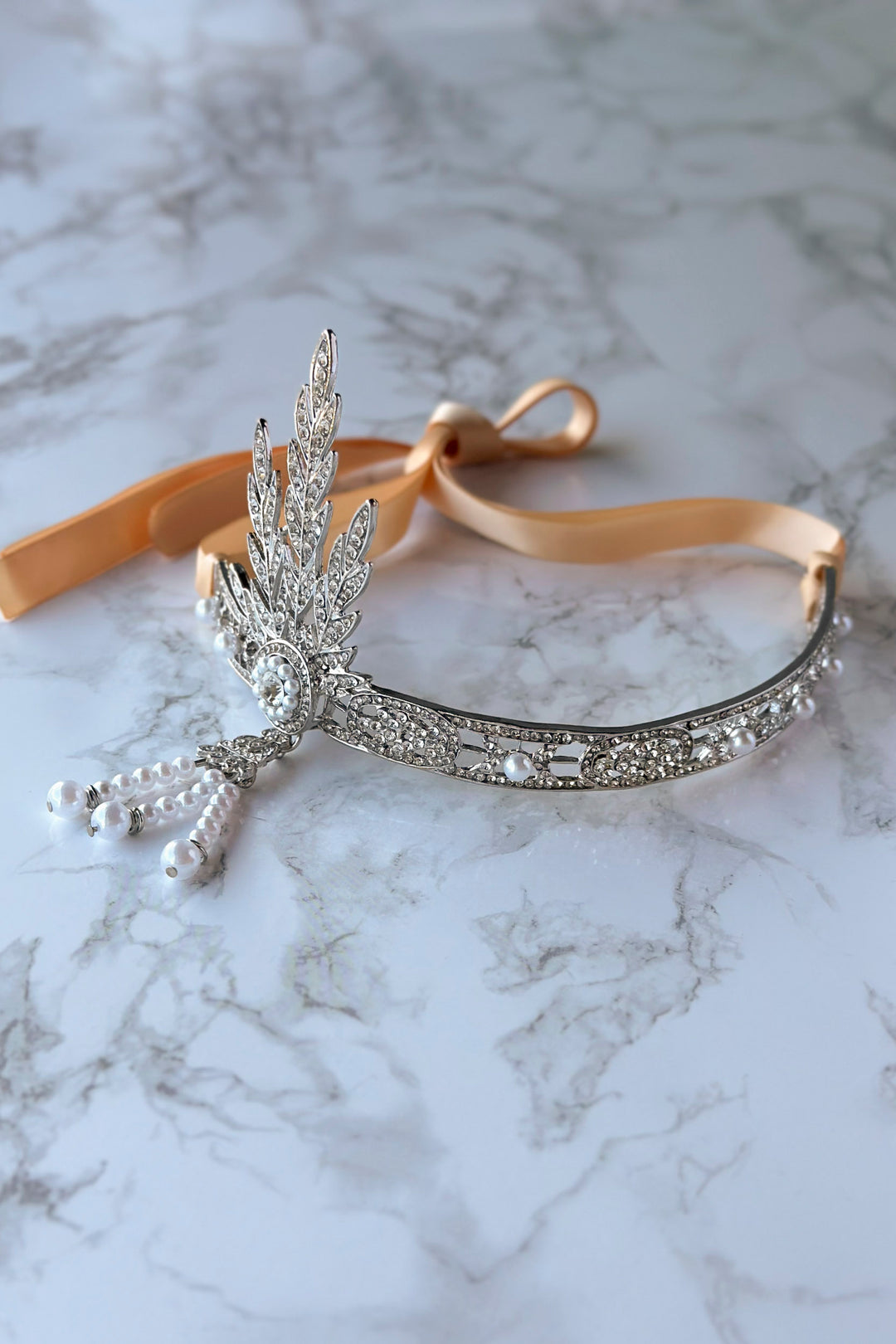 1920s Gatsby Flapper Headband – Rhinestone & Pearl headpiece with Ribbon