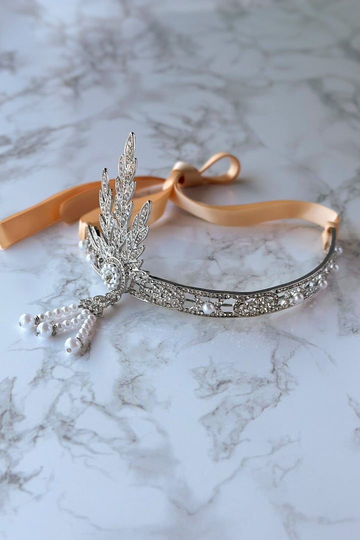 1920s Gatsby Flapper Headband – Rhinestone & Pearl headpiece with Ribbon