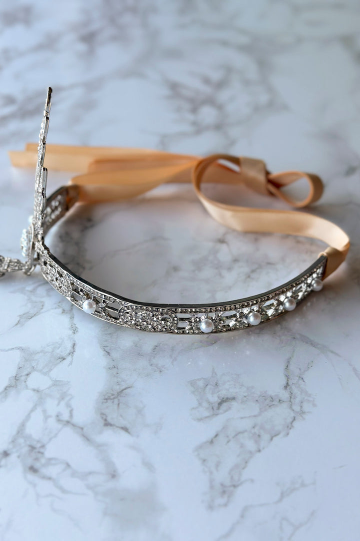 1920s Gatsby Flapper Headband – Rhinestone & Pearl headpiece with Ribbon