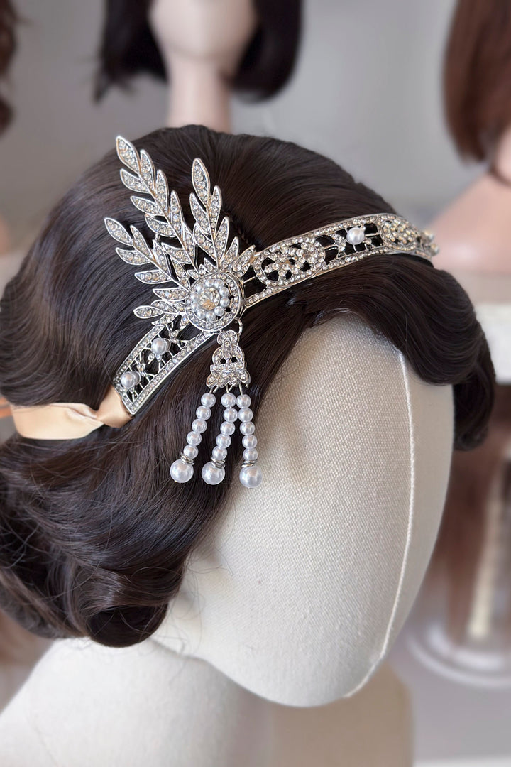 1920s Gatsby Flapper Headband – Rhinestone & Pearl headpiece with Ribbon