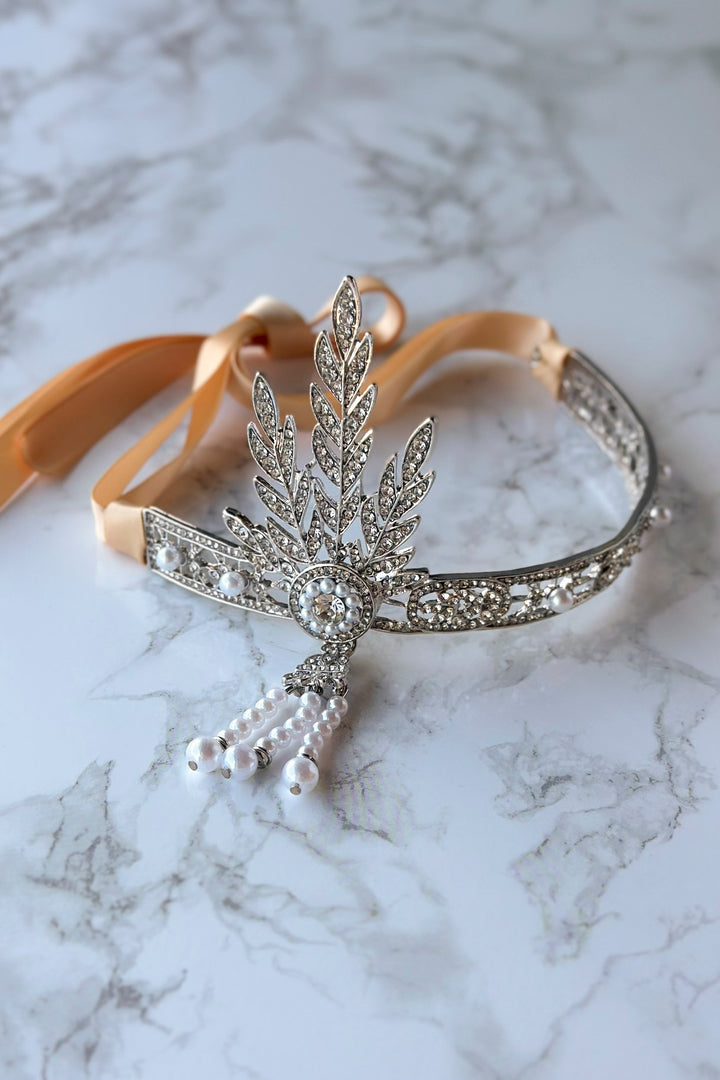 1920s Gatsby Flapper Headband – Rhinestone & Pearl headpiece with Ribbon