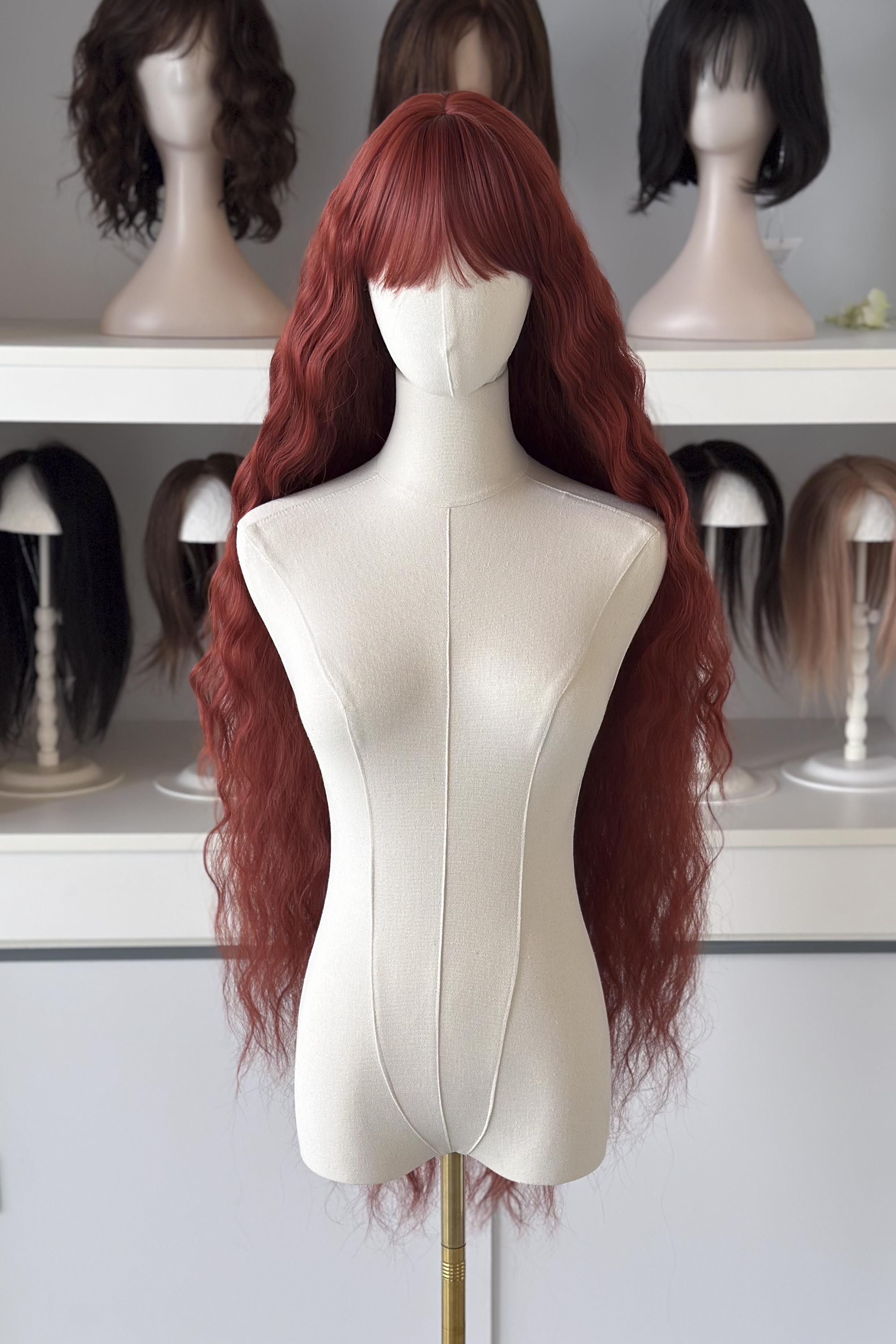 Cherry Red with Copper Undertones Extra Long Wavy Wig with Bangs