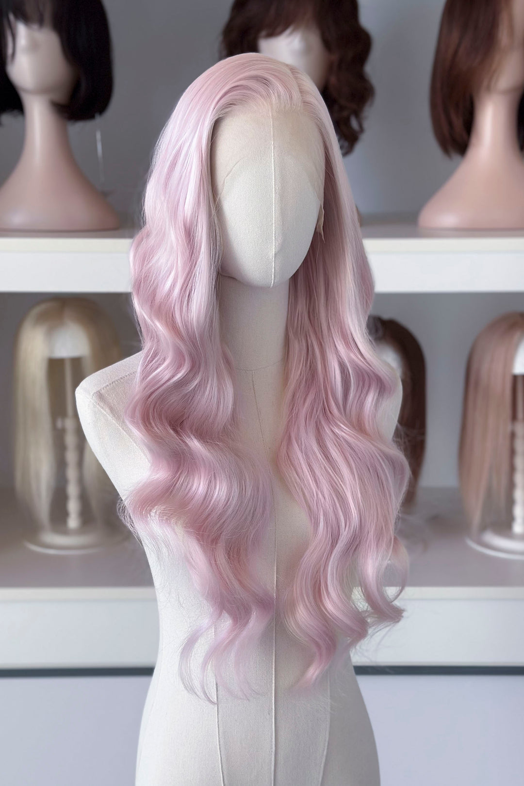 Pastel Blush Pink Wavy Lace Front Wig Evie