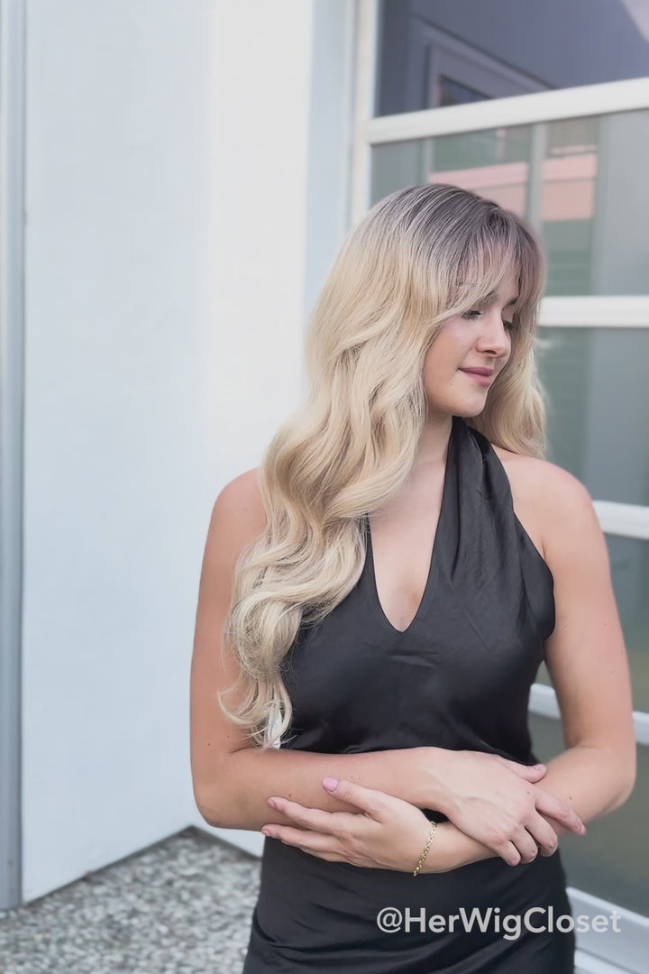 Light Blonde Ombre Wavy Synthetic Wig with Bangs Kenna