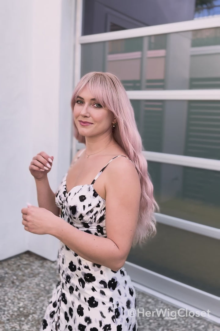 Pastel Pink Long Wavy Wig with Bangs Kaitlyn