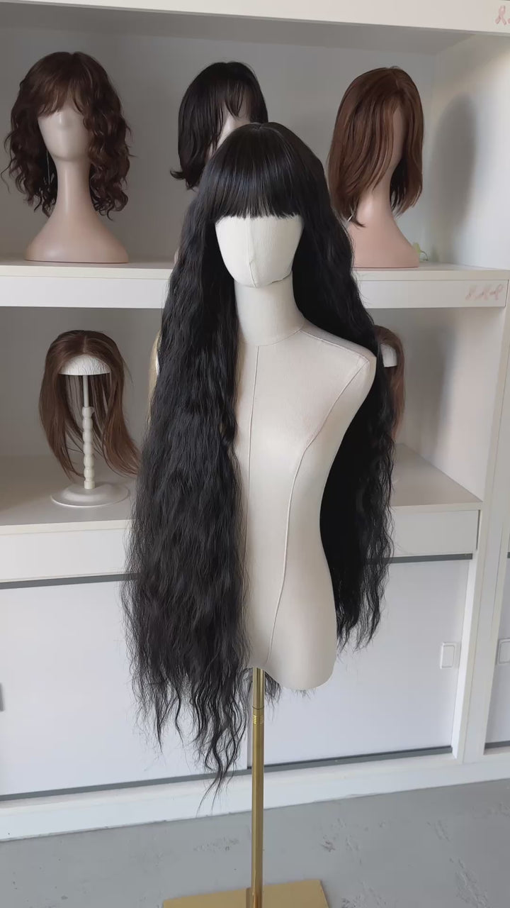 Black Extra Long Wavy Wig with Bangs Raven