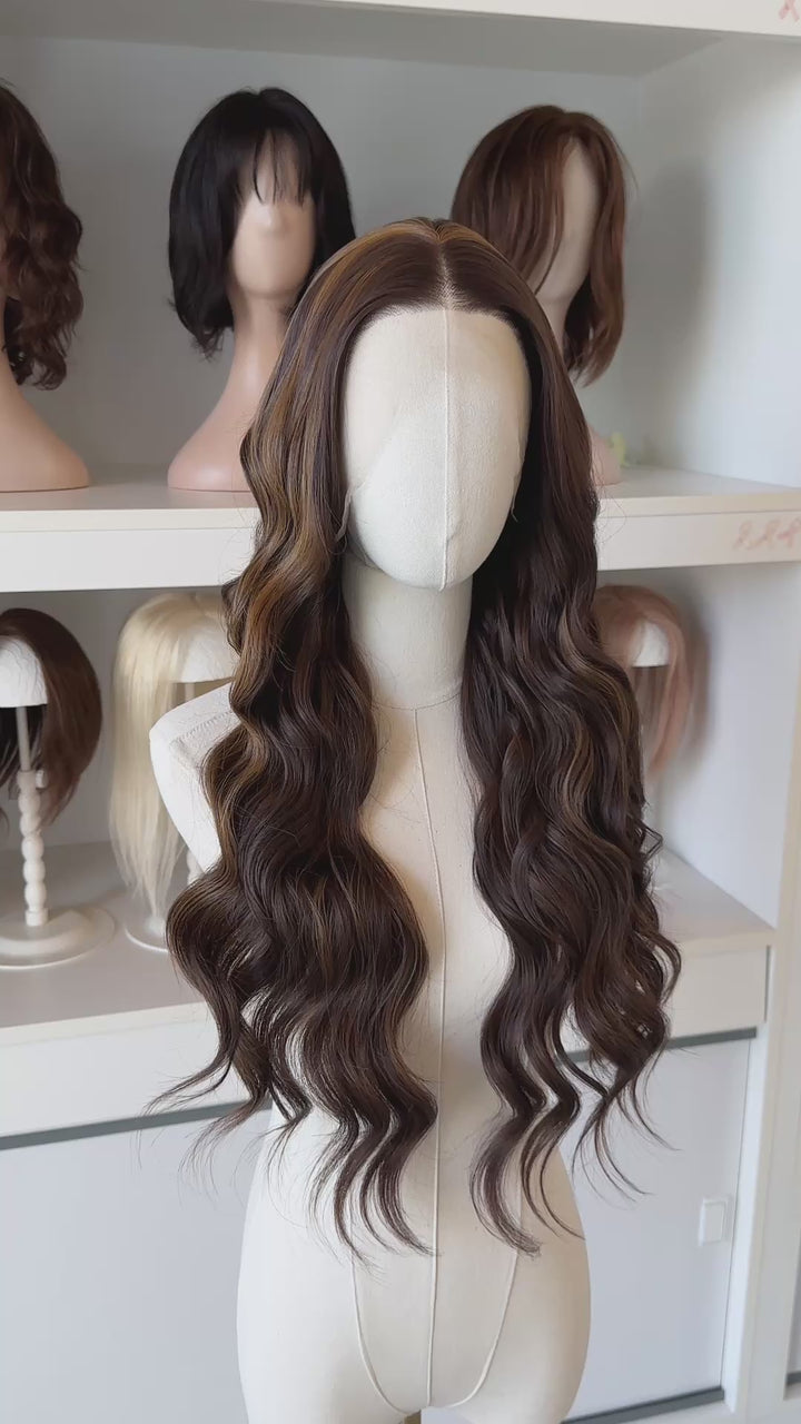 Brown Blonde Highlight Wavy Lace Top Synthetic Hair Wig Mallory