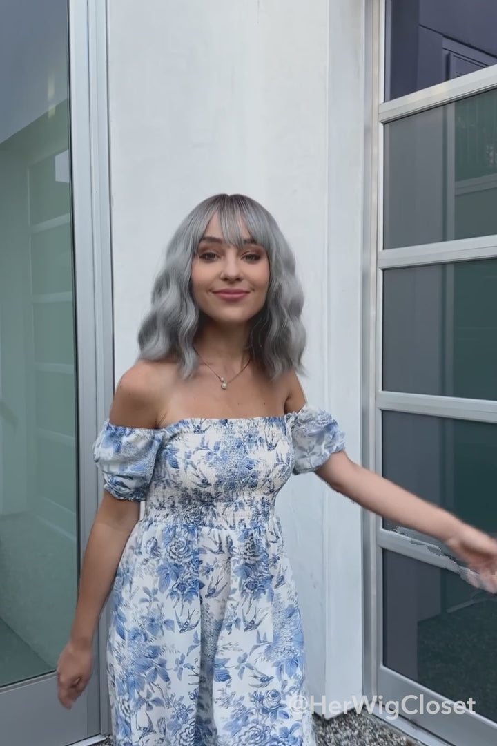 Silver Ombre Wavy Synthetic Bob Wig with Bangs Ororo