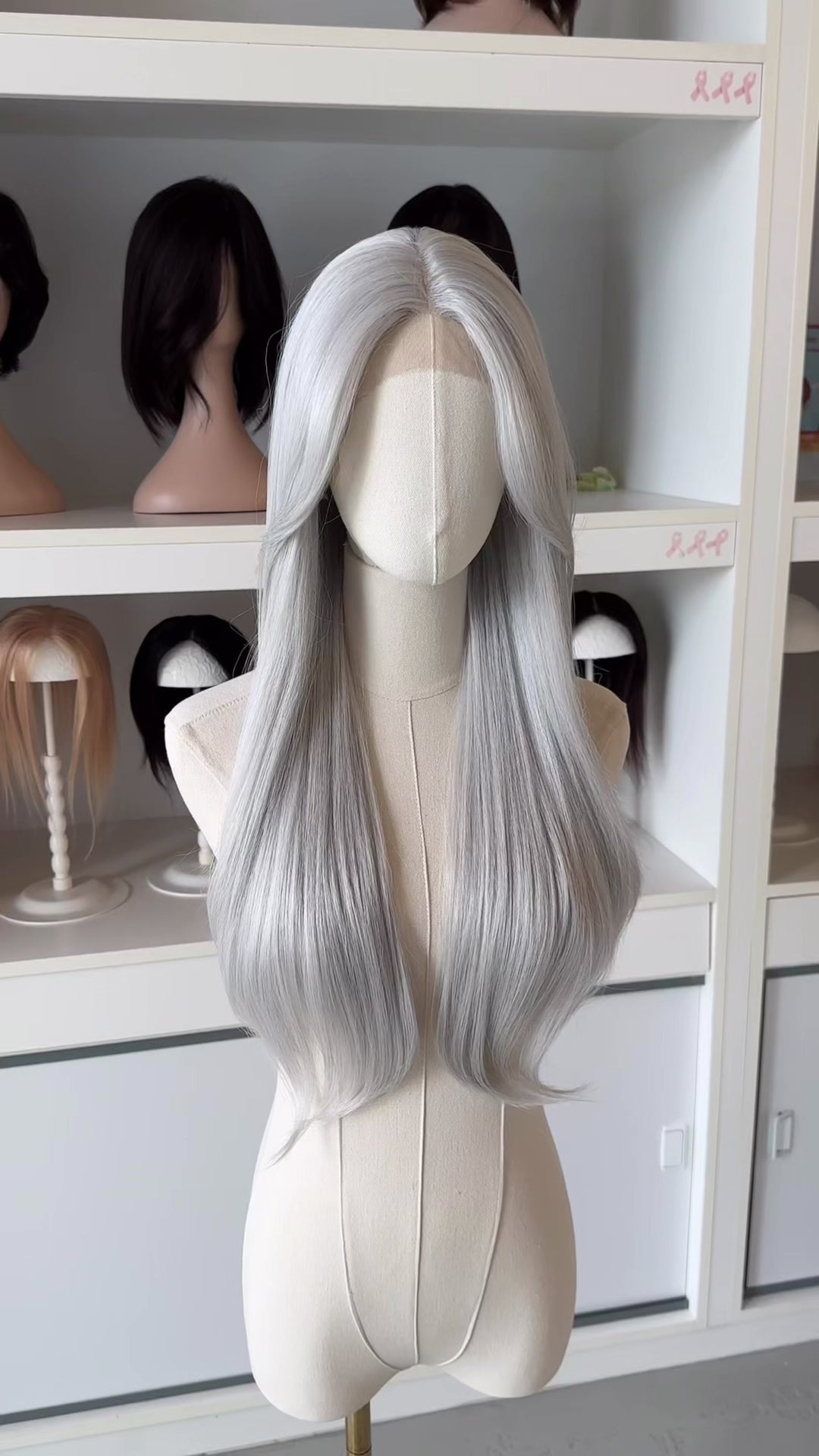 Silver White Straight Lace Front Synthetic Wig with Curtain Bangs Onida Silver
