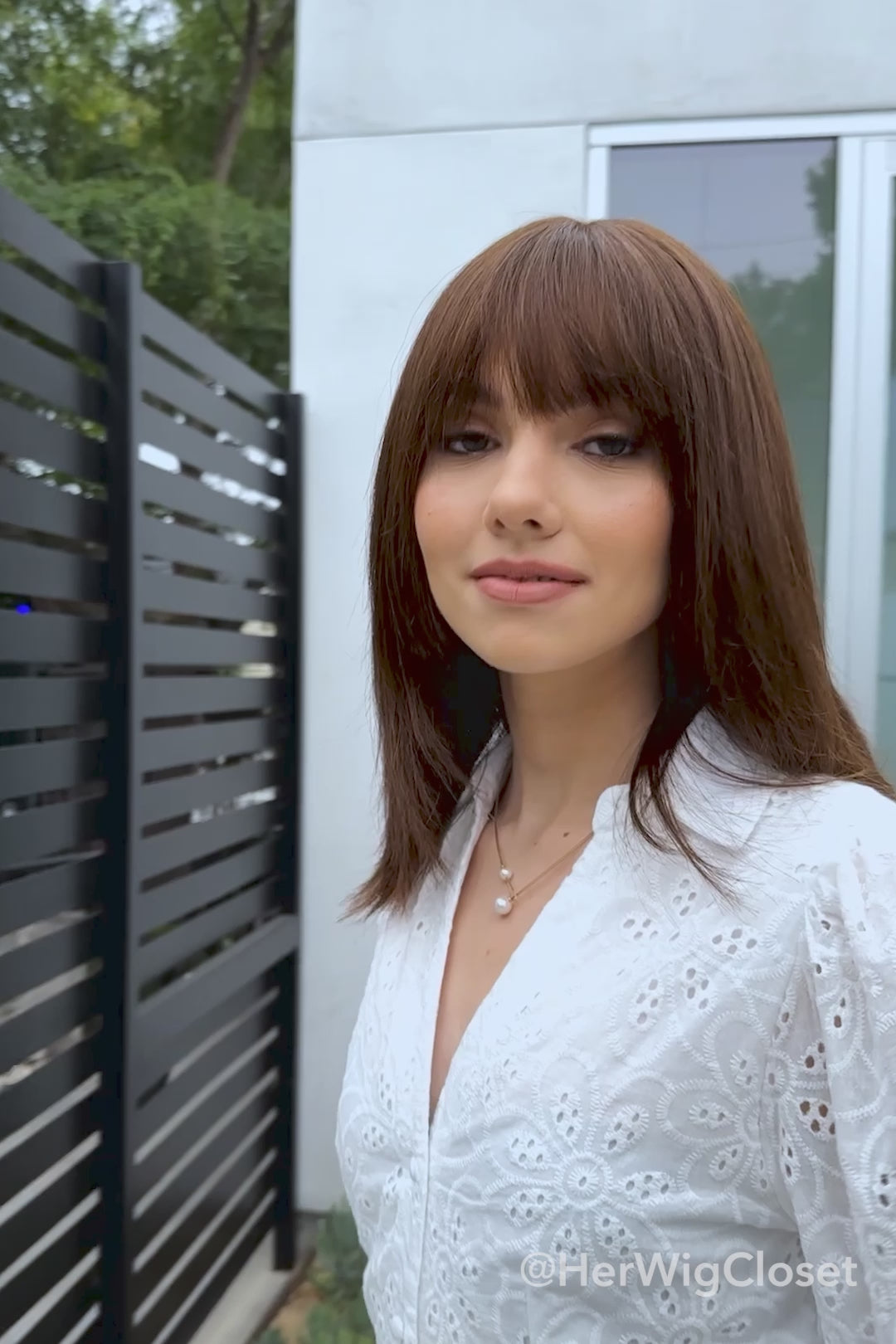 Natural Brown Brunette Straight Long Bob Human Hair Wig with bangs