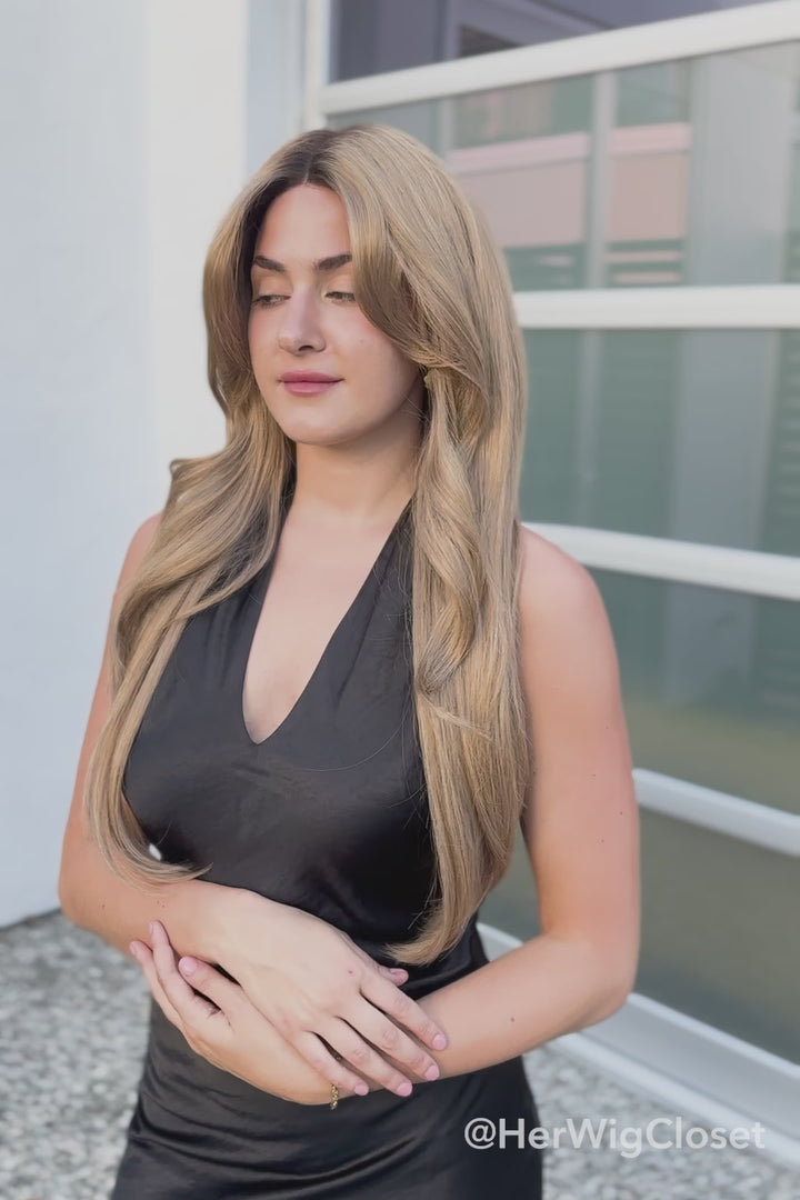 Golden Blonde Ombre Straight Lace Front Wig with Curtain Bangs Ayla